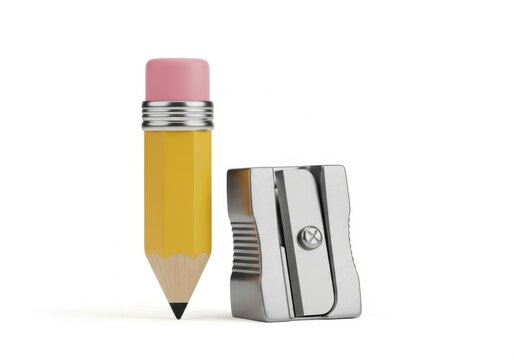 Minimalist short yellow pencil and silver metallic sharpener