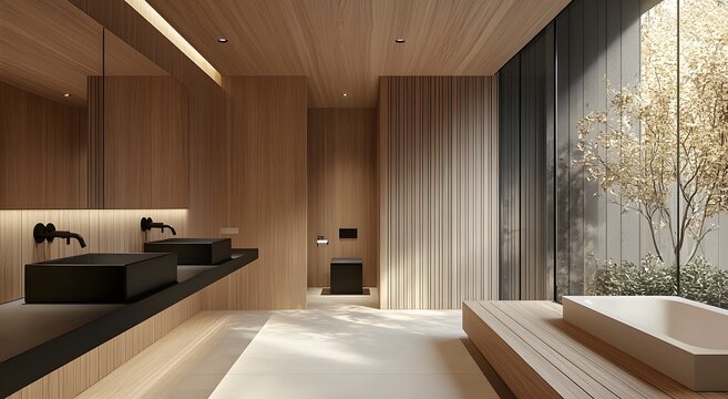 Wooden bathroom interior with matte black sink and toilet picture