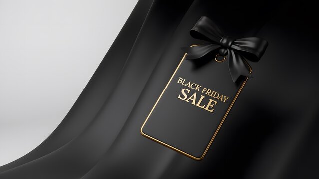 Black friday sale tag with golden text and elegant black ribbon on a dark draped fabric background, 3d render for shopping promotion