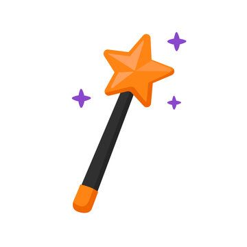 3D illustration of a magic wand topped with an orange star and surrounded by sparkling purple stars against a white background