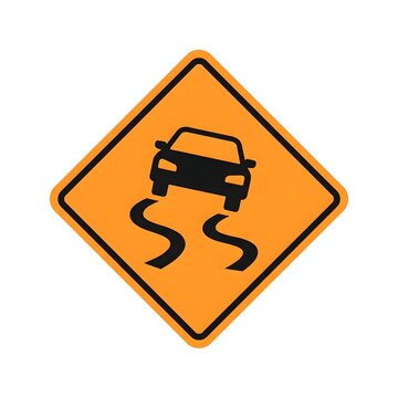 Slippery road warning sign with swerving car. Hazard traffic alert for wet or icy pavement conditions ahead.
