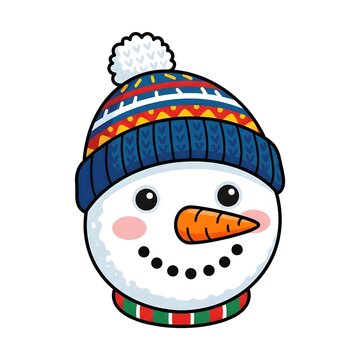Hand-drawn cartoon snowman wearing a colorful knit hat and scarf. Winter holiday mascot with cheerful expression and carrot nose for festive designs.