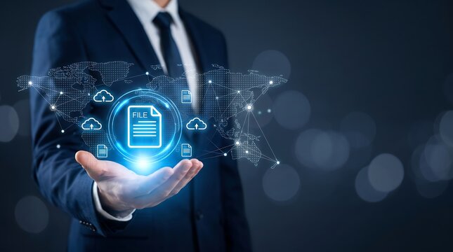 Professional businessman holding glowing digital document file icon representing cloud storage and secure data management system for modern corporate business operations