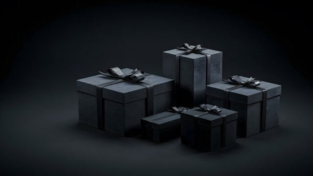 Set of black gift boxes with ribbons on a dark background, 3d rendering of elegant presents for holidays, birthdays, or special occasions