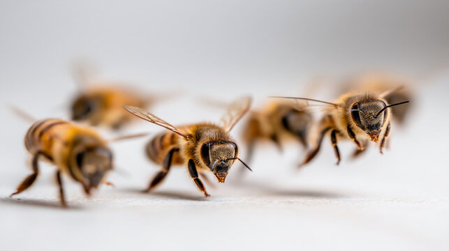 Multiple honey bees flying and walking on white studio background with honeybee, pollinator
