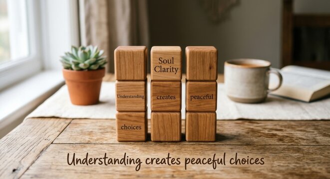 Wooden Cubes Stacked With Soul Clarity, Understanding Creates Peaceful Choices Message