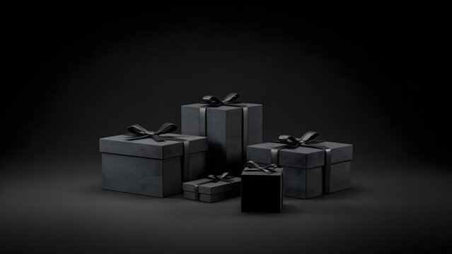 Set of black gift boxes with ribbons on a dark background minimalist luxury concept for holidays, birthdays, or special occasions