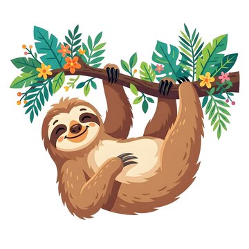 Smiling sloth hanging from tropical palm branch. Cute wildlife animal suspended on green foliage in vibrant nature scene.