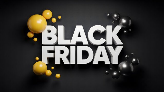 Black friday 3d text banner with yellow and black glossy spheres on a dark background