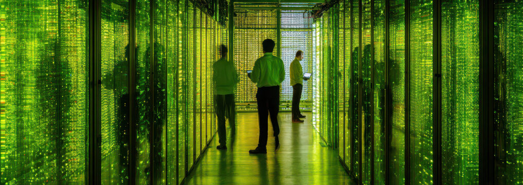 People working in a high-tech data center with glowing speed lines of code running through servers.