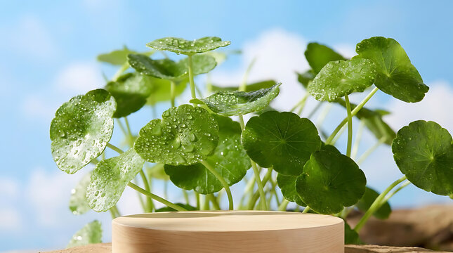 Low angle perspective of vibrant green centella asiatica leaf foliage reaching toward a bright sunny sky, symbolizing natural freshness, herbal growth, and organic vitality in a clear environment.