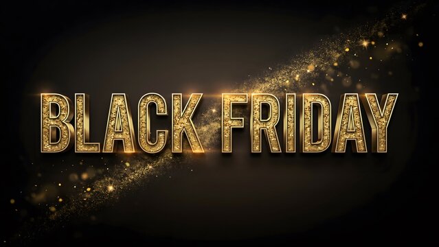 Black friday sale banner with 3d golden glittery text on a dark background with sparkling light effects and luxury festive design elements