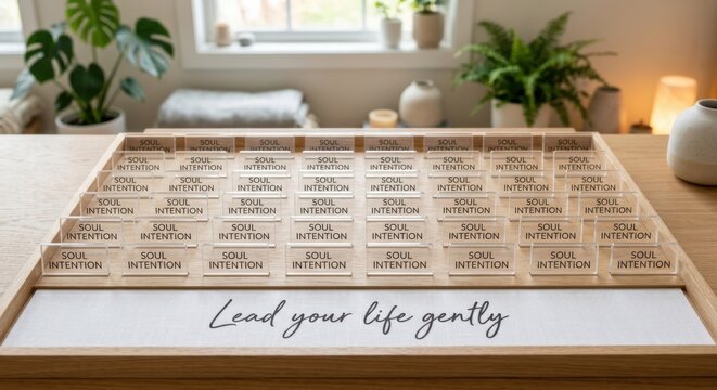 Wooden organizer with multiple clear intention labels and inspirational quote