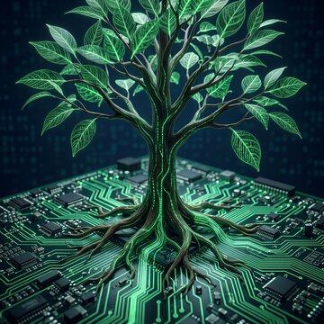 Digital tree with glowing green leaves and circuit board roots technology concept