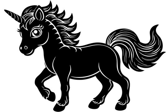 Cute Cute Baby Unicorn Pony Magical Creature Fantasy Animal Black Vector Silhouette Icon Isolated on White Background