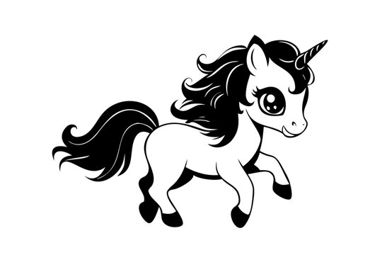Cute Cute Baby Unicorn Pony Magical Creature Fantasy Animal Black Vector Silhouette Icon Isolated on White Background