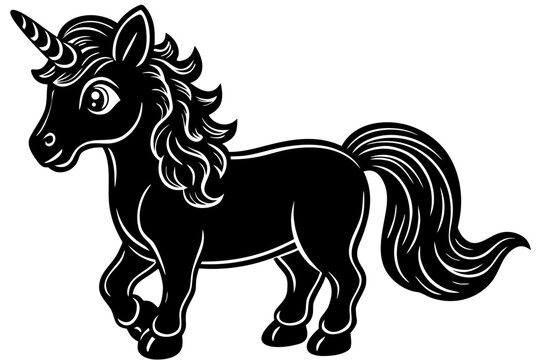 Cute Cute Baby Unicorn Pony Magical Creature Fantasy Animal Black Vector Silhouette Icon Isolated on White Background