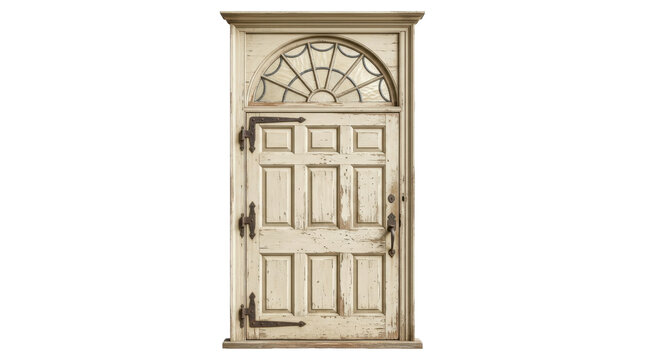 A vintage white wooden door with a classic arched transom window, captured in a clean studio shot with a rustic, timeless aesthetic.