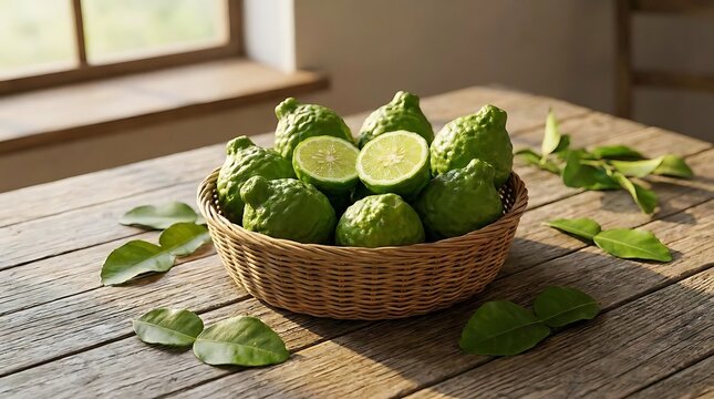 A rustic wicker basket filled with fresh kaffir lime or bergamont fruit and fragrant leaves resting on a weathered wooden table by a bright sunny window