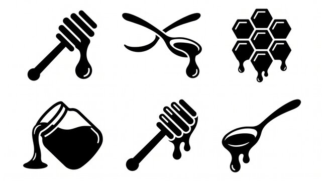 Honey icons collection featuring dripping dippers, spoons, honeycomb cluster, jar with honey, sweet natural silhouette designs