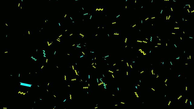 Shining confetti flying in the dark air. Real confetti blast for award ceremony. Confetti pieces smoothly falling on black background. Realistic confetti rain overlay with paper streamers party.
