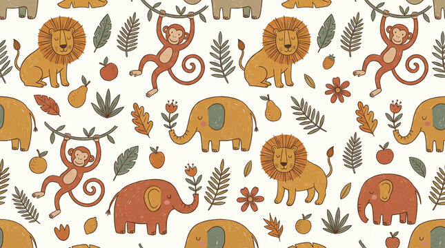 Cute boho safari animal seamless pattern with hand drawn doodle lion elephant and monkey