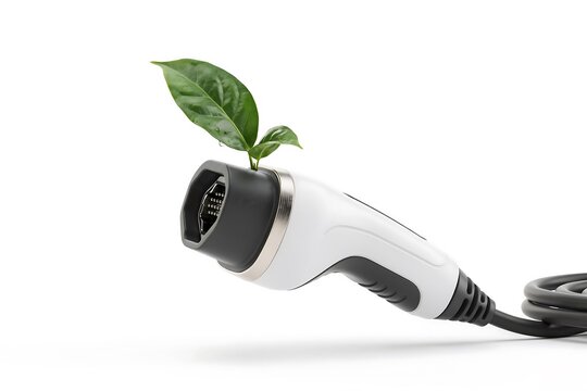 Electric vehicle charging plug with green leaves isolated on white background representing sustainable clean energy transportation technology
