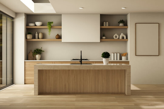 Modern minimalist kitchen with marble island and wooden floor.