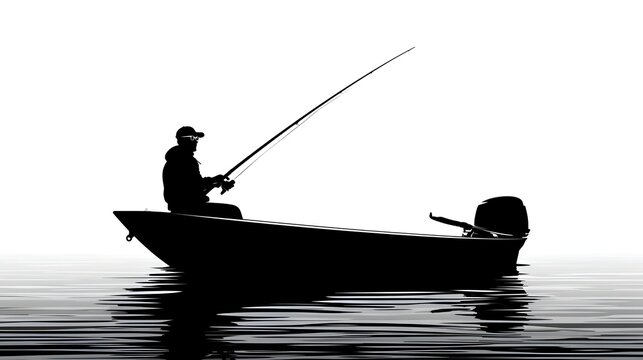 Silhouette of a person fishing from a boat on the water at sunrise or sunset