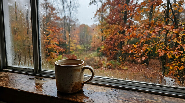 Steaming coffee cup on rainy windowsill.