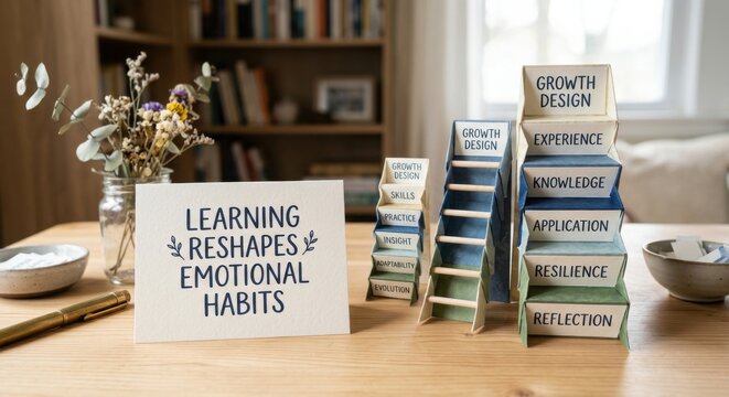 Paper Ladders Illustrating Learning Reshapes Emotional Habits on a Wooden Desk