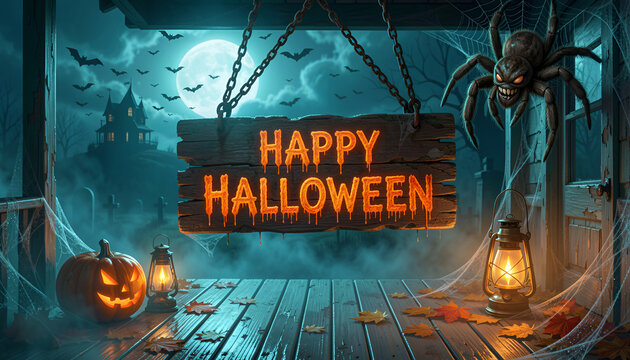 Happy Halloween illustration with dripping orange letters, flying bats, spider web, and spooky spider design