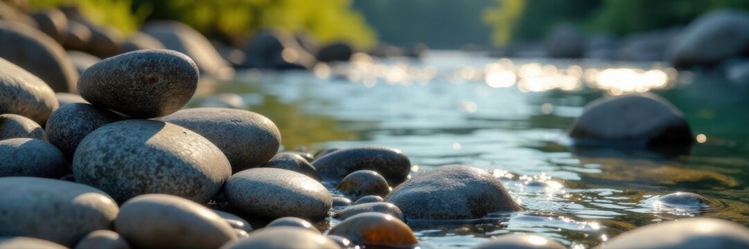 Pile of smooth grey river stones, sunlight reflecting, grey stones, grey rocks, light