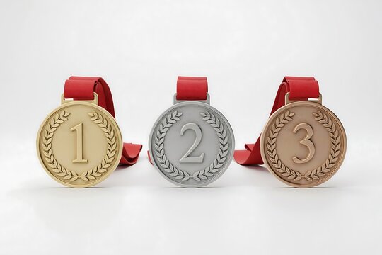 Gold silver and bronze medals with red ribbons representing first second and third place victory awards