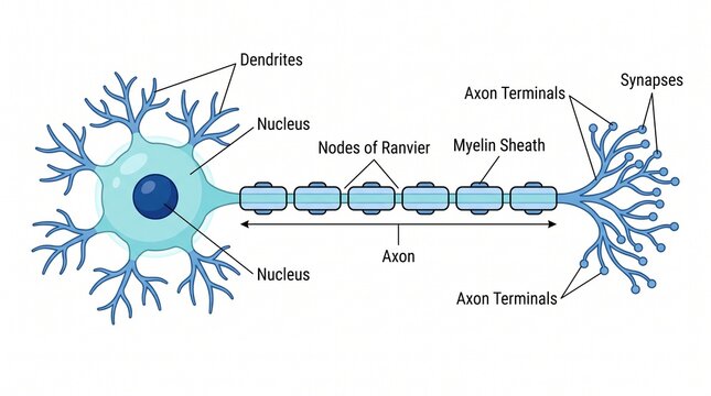 Detailed educational diagram of a neuron anatomy with labeled cell components