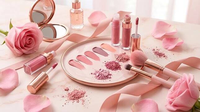 Set of luxury makeup products and rose flower petals on a table for a beauty and skincare concept. rosy lip tutorial