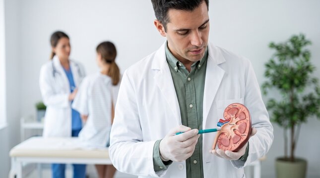 Doctor explaining anatomy of human kidney model in medical clinic with hospital