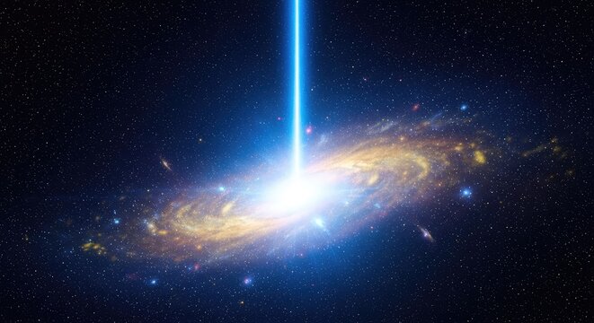A spectacular cosmic explosion sends a vivid blue light beam through the deep universe, surrounded by shimmering stars and glowing dust, phenomenon, cosmos, spark