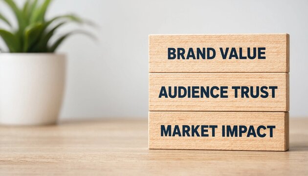 Stacked wooden blocks displaying brand value audience trust and market impact concepts on a light wooden surface