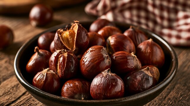 A bowl of delicious roasted chestnuts on a rustic wooden table.