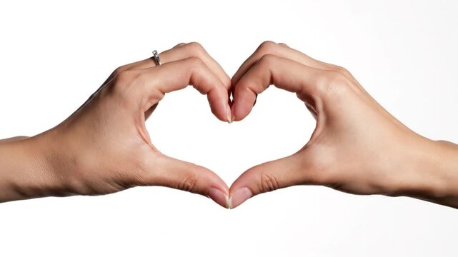 Human hands forming a heart shape symbol with soft focus on a clean white backdrop conveying love