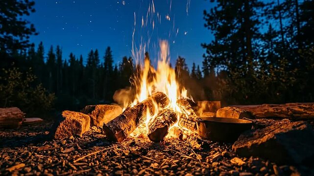 Cozy campfire in forest with tall pine trees under night sky