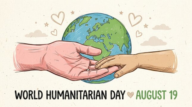 World Humanitarian Day August 19 sketch illustration with adult and child hands holding earth