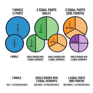 Circle divided into 1, 2, 3, 4 equal segments. two, three, four parts. half, one third and one fourth fraction circle, vector isolated on white