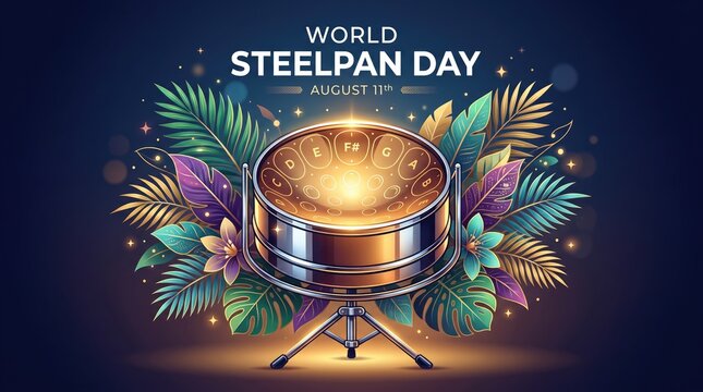 World Steelpan Day August 11 golden steel drum with tropical leaves background