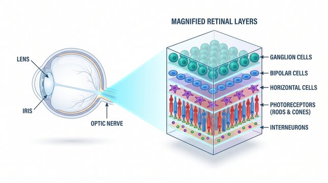 Diagram showing magnified retinal layers of the human eye anatomy with magnified
