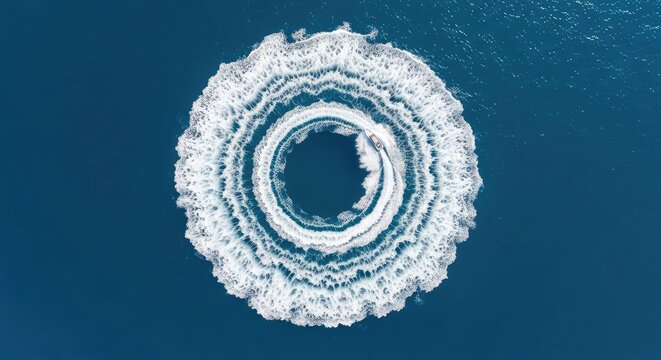 A top-down perspective shows a fast boat tracing a perfect circular path in deep blue ocean water, creating a symmetrical white foam wheel, motion, turquoise, powerful
