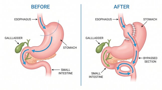 Medical diagram showing gastric bypass surgery before and after procedure