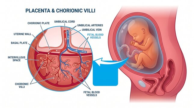 Medical illustration of human placenta and chorionic villi structure in uterus