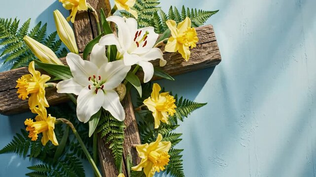 Easter cross decorated with white lilies and yellow daffodils against a light blue background, symbolizing faith